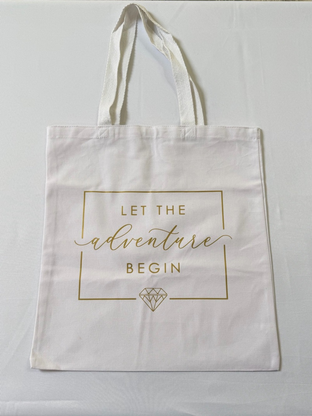 Let The Adventure Begin White Tote Bag with Gold Print - Gift for Bride
